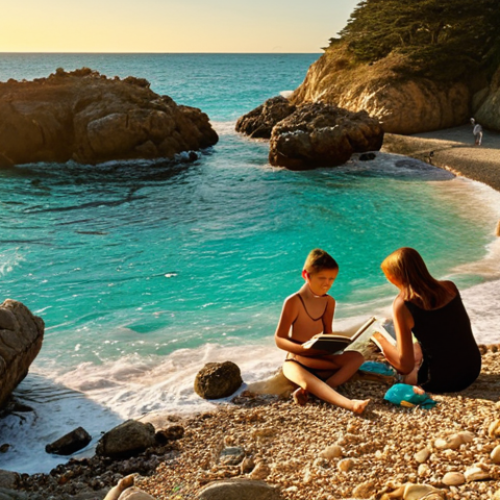 **Prompt:** A secluded, rocky beach cove at Sunset Point, bathed in golden sunlight. A family is enjoying the scene: children search for crabs near the rocks, while a mother relaxes reading a book. Crystal clear turquoise water gently laps the shore.
