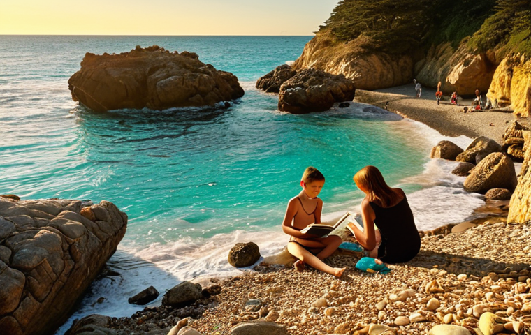 **Prompt:** A secluded, rocky beach cove at Sunset Point, bathed in golden sunlight. A family is enjoying the scene: children search for crabs near the rocks, while a mother relaxes reading a book. Crystal clear turquoise water gently laps the shore.