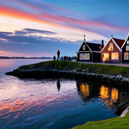 Home 19 **
"Scenic view of Sunset Point at dusk, featuring vibrant colors in the sky, reflecting on calm waters. A few silhouetted figures (fully clothed) are visible on the rocks, enjoying the sunset. In the background, traditional Dutch houses are subtly visible. Safe for work, appropriate content, professional quality, perfect composition, high resolution."
**