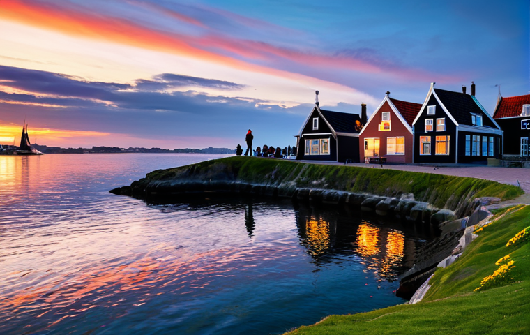 **
"Scenic view of Sunset Point at dusk, featuring vibrant colors in the sky, reflecting on calm waters. A few silhouetted figures (fully clothed) are visible on the rocks, enjoying the sunset. In the background, traditional Dutch houses are subtly visible. Safe for work, appropriate content, professional quality, perfect composition, high resolution."
**