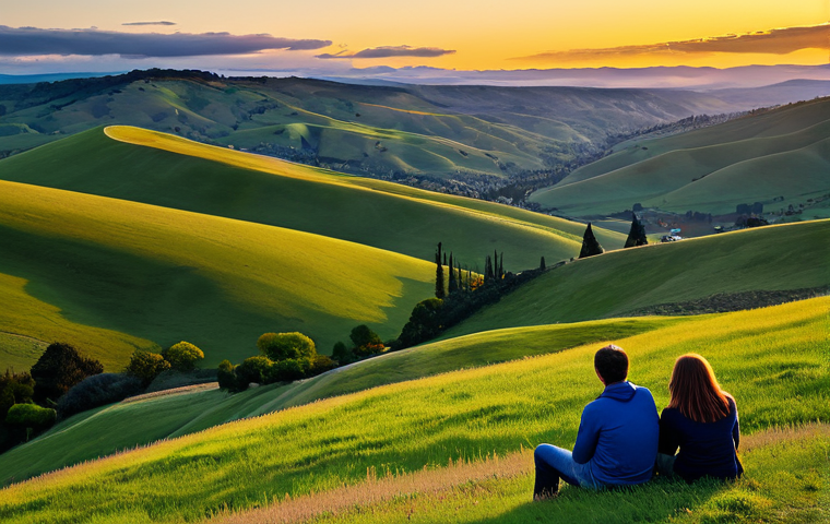 Sunset Point Landscape**
"A breathtaking landscape photograph of Sunset Point at golden hour, featuring vibrant colors in the sky and dramatic clouds. Rolling hills lead towards the horizon. Use a small aperture for sharp focus from foreground to background. Fully clothed people are discreetly placed enjoying the view, appropriate attire, safe for work, professional photography, perfect anatomy, correct proportions, well-formed hands, natural pose, family-friendly."
**